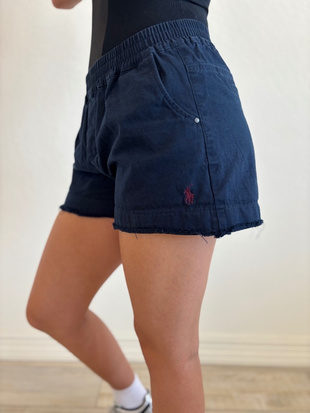 Polo Ralph Lauren Women's Shorts Navy Elastic Waist Frayed Hem Pony, Sz L